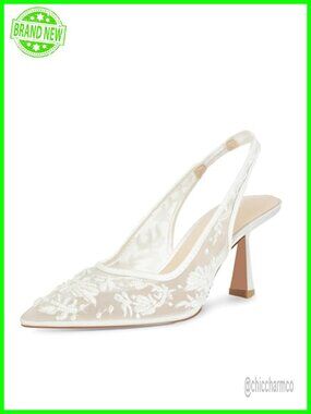Wedding Pumps with Kitten Heel Lace Mesh Slingback Embroidered Bridal Shoes
